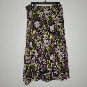 Christopher and Banks green purple grunge floral pull on midi romantic skirt XL